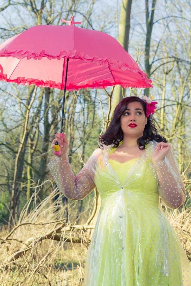 photoshoot, plus size photoshoot, plus size model, plus size modelling, plus size clothing, plus size dress, pin up girl clothing, elements rainwear, vivien of holloway dress, fotopositief photography, abington park, northampton, vintage style clothing, vintage style photoshoot, plus size vintage, vintage rainwear, hair accessories, hair flowers