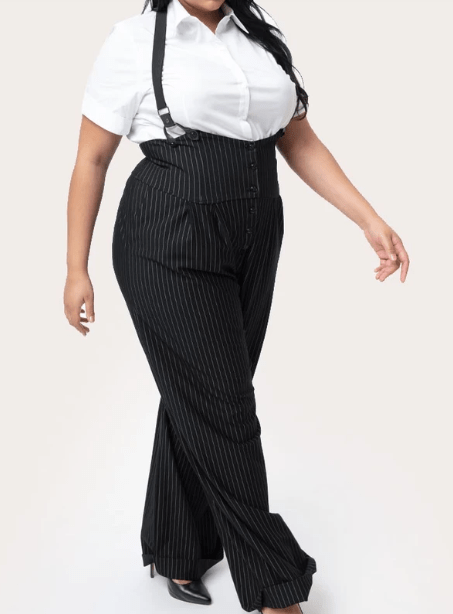 Unique Vintage, Plus Size trousers, Plus Size Clothing, Plus Size Fashion, High Waisted Trousers, Plus Size High Waisted Trousers, Braces, Formal Shirt, Ambrose Wilson, New and Lingwood Tailors, Vintage Hat, Black and White Oxford Brogues, Silk Tie, Plus Size Vintage, Plus Size Fashionista, Size 26 Style
