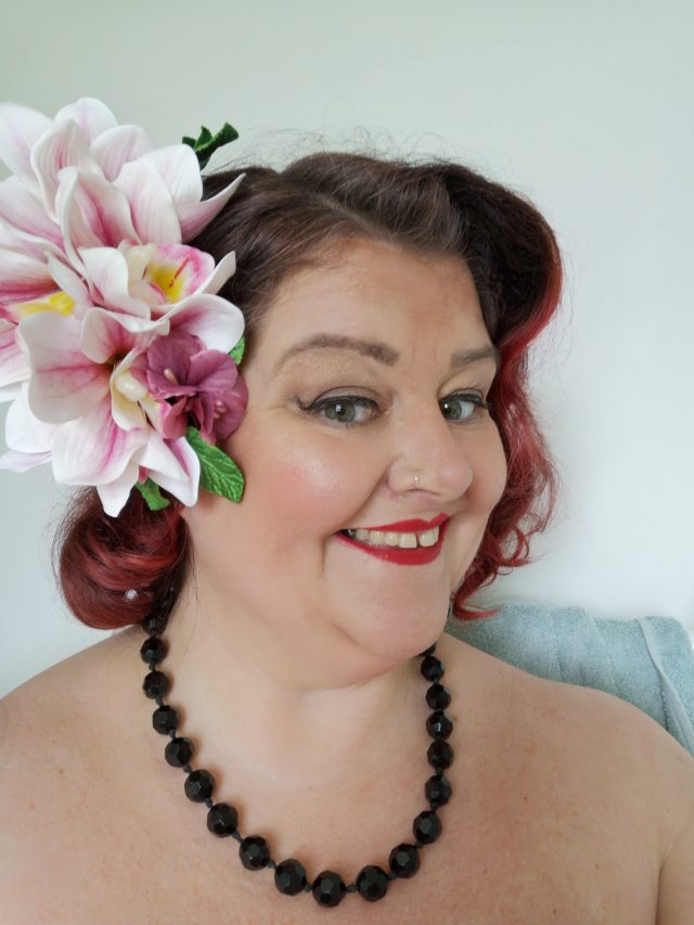 House of Drewvid, Vintage Hairdressers, Vintage Coiffeurs, Vintage Hairstyles, Vintage Hair Accessories, Vintage Hair Flowers, Bespoke Hair Flowers, Hair Flowers, Hair Accessories, Hair Orchids, Pink Orchid and Puce Hibiscus, Red Orchids, Hairdressing Husbands, Enfield Vintage Pageant