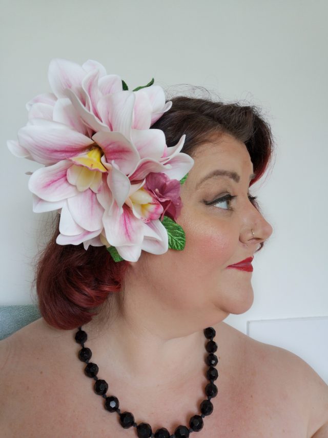 House of Drewvid, Vintage Hairdressers, Vintage Coiffeurs, Vintage Hairstyles, Vintage Hair Accessories, Vintage Hair Flowers, Bespoke Hair Flowers, Hair Flowers, Hair Accessories, Hair Orchids, Pink Orchid and Puce Hibiscus, Red Orchids, Hairdressing Husbands, Enfield Vintage Pageant