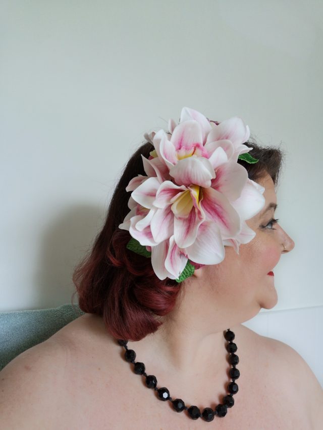 House of Drewvid, Vintage Hairdressers, Vintage Coiffeurs, Vintage Hairstyles, Vintage Hair Accessories, Vintage Hair Flowers, Bespoke Hair Flowers, Hair Flowers, Hair Accessories, Hair Orchids, Pink Orchid and Puce Hibiscus, Red Orchids, Hairdressing Husbands, Enfield Vintage Pageant