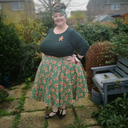 Devil and Desire, Gingerbread Print, Devil and Desire handmade skirts, handmade skirts, made to measure skirts, Christmas clothing, Christmas Prints, Novelty Prints, Circle Skirts, fifties style clothing, swing skirts, Plus size skirts, plus size clothing, plus size style, size 26 style