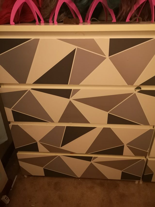 Home Decor, Interior Design, Decor on a Budget, Decorating, Home Decorating, Decorating on a Budget, Les Toil, Art by Les Toil, Fablon, Sticky Back Plastic, Ikea, Ikea Malm Drawers, Renovation, Room Renovation, Geometric Design, Room Refresh