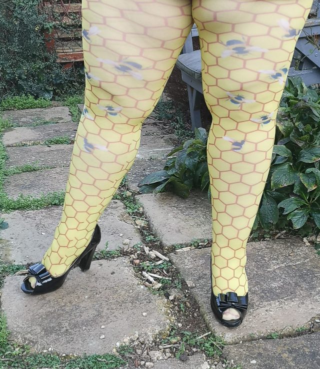 Unique Vintage, Unique Vintage Dress, Bumblebee Dress, Bee Dress, Snag Tights, Snag Collab, Jamie Campbell, Snag Bees Knees Tights, Plus Size Tights