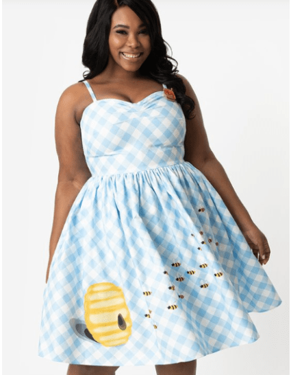 Unique Vintage, Unique Vintage Dress, Bumblebee Dress, Bee Dress, Snag Tights, Snag Collab, Jamie Campbell, Snag Bees Knees Tights, Plus Size Tights